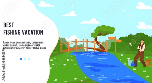 Summer vacation for fishing vector illustration. Cartoon flat happy fisherman character standing on river bank with fishing rod, catching fish. People in summertime leisure outdoor activity banner