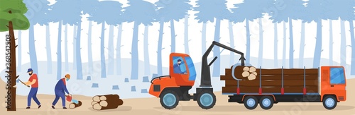 People woodworking vector illustration. Cartoon flat woodworker lumberjack characters working with chainsaw, cutting forest trees for loading in woodcutter truck. Logging forestry industry background