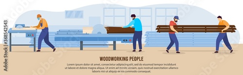 People woodworking vector illustration. Cartoon flat woodworker characters working with circular saw equipment in workshop room interior, carpenter cutting timberwood, woodcutter occupation background