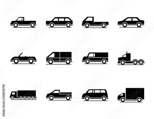 car model truck container pickup container transport vehicle silhouette style icons set design
