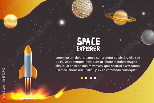 Rocket in space universe vector illustration. Cartoon flat spaceship or spacecraft explorer flying to planet with satellite and star, spacewalk launch shuttle in fantasy galaxy future landscape banner