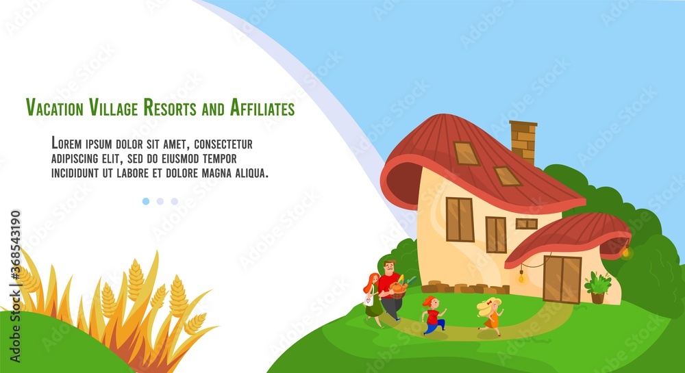 Naklejka premium People in village vacation flat vector illustration. Cartoon happy villager family characters have fun, rest near cute village house on green grass hill, fantasy rural countryside landscape banner