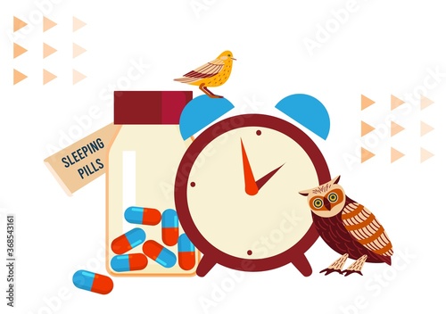 Sleeping pills vector illustration. Cartoon flat insomnia medicines for treating sleep disorder, owl lark birds and clock alarm bedtime symbols, sleepless medical problem treatment concept background