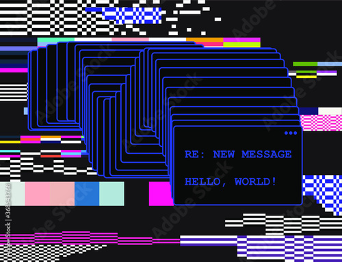 Abstract background with pixel noise artifacts. Glitched old-school screen with digital datamoshing VHS effect, an old analog video recording on tape cassette.