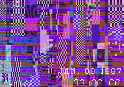 Abstract background with pixel noise artifacts. Glitched old-school screen with digital datamoshing VHS effect, an old analog video recording on tape cassette.