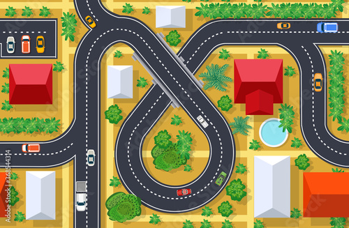 The top view is a map of the city district module block with town infrastructure