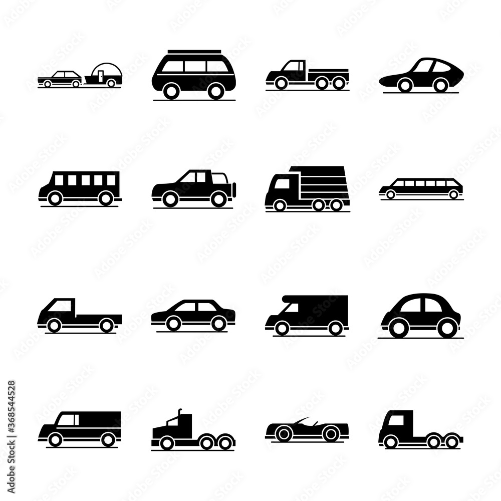 car model mini truck campervan transport vehicle silhouette style icons set design