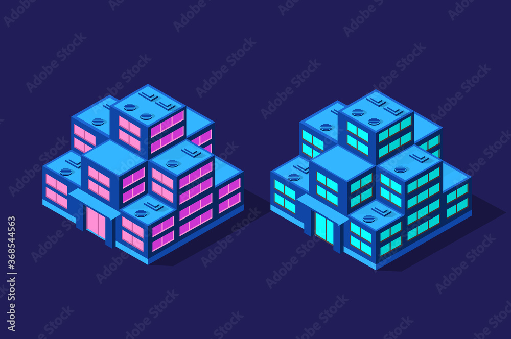 Set of isometric modern buildings Night business city 3D future Set of isometric modern buildings Night business city 3D future