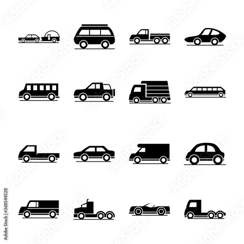 car model mini truck campervan transport vehicle silhouette style icons set design