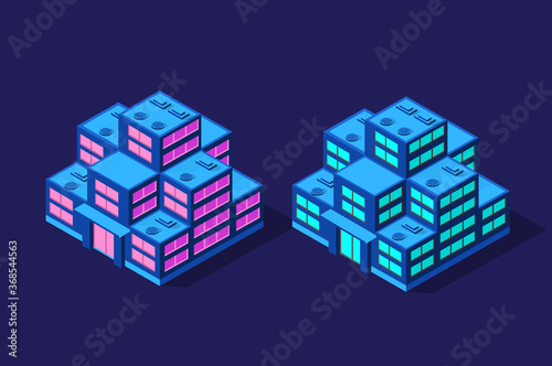 Set of isometric modern buildings Night business city 3D future