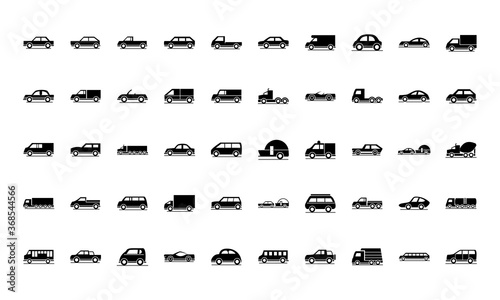car model transport vehicle silhouette style icons set design