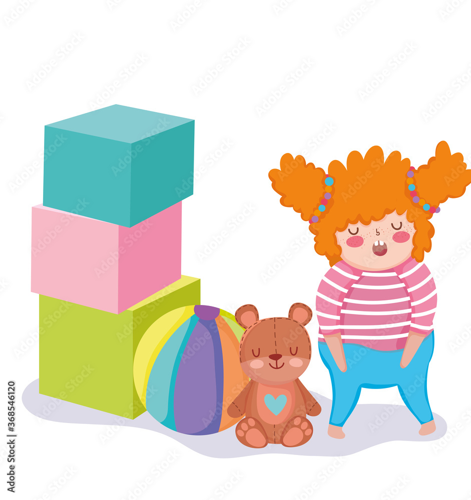 Obraz premium toys object for small kids to play cartoon, little girl with bear ball and huge blocks