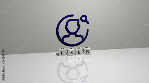 3D representation of USER with icon on the wall and text arranged by metallic cubic letters on a mirror floor for concept meaning and slideshow presentation. illustration and interface