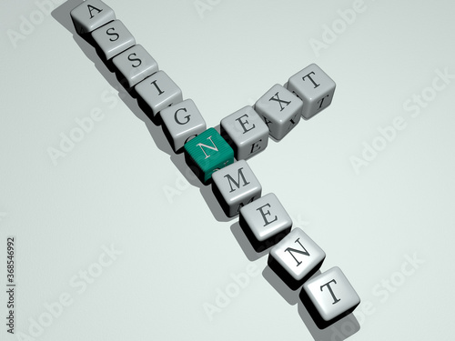 Fotografie NEXT ASSIGNMENT combined by dice letters and color crossing for the related meanings of the concept