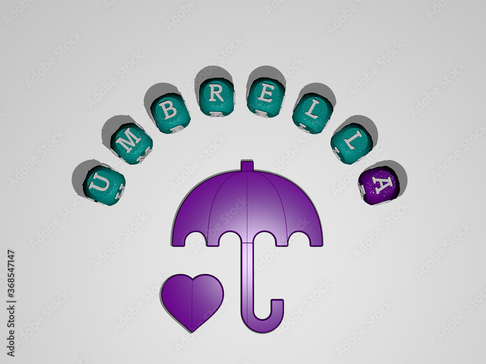 3D graphical image of UMBRELLA vertically along with text built around the icon by metallic cubic letters from the top perspective, excellent for the concept presentation and slideshows. 3D graphical image of UMBRELLA vertically along with text built around the icon by metallic cubic letters from the top perspective, excellent for the concept presentation and slideshows.