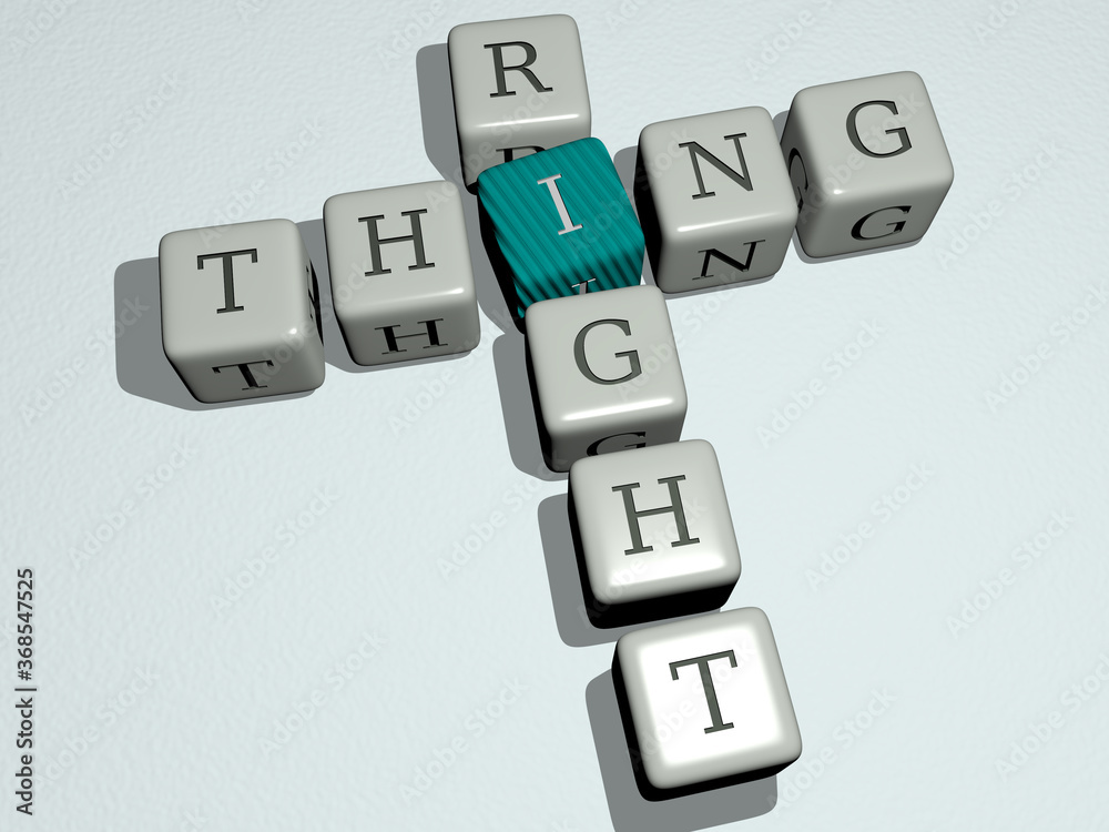 crosswords of thing right arranged by cubic letters on a mirror floor, concept meaning and presentation. illustration and background