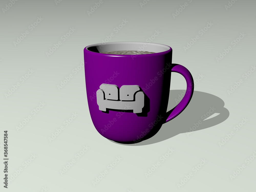 3D illustration of SOFA icon embossed on a coffee cup over a white background having shadows.. home and room 3D illustration of SOFA icon embossed on a coffee cup over a white background having shadows.. home and room