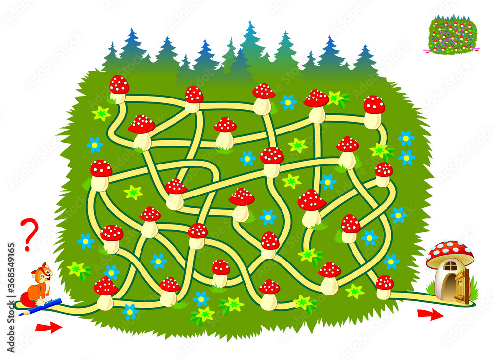 Logic puzzle game with labyrinth for little children. Help the fox find the way till his house. Printable worksheet for kids brain teaser book. IQ test. Online playing. Vector cartoon illustration. - obrazy, fototapety, plakaty 