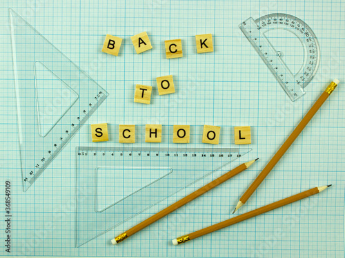 set of stationery for design and drawing. simple pencil, set of rulers and protractor. lettering back to school