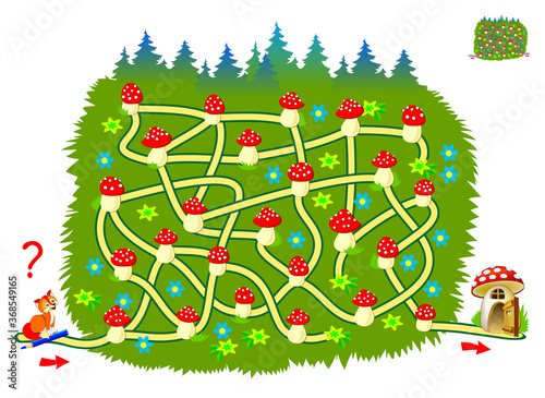 Logic puzzle game with labyrinth for little children. Help the fox find the way till his house. Printable worksheet for kids brain teaser book. IQ test. Online playing. Vector cartoon illustration.