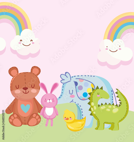 toys object for small kids to play cartoon, rabbit dinosaur teddy bear duck and elephant