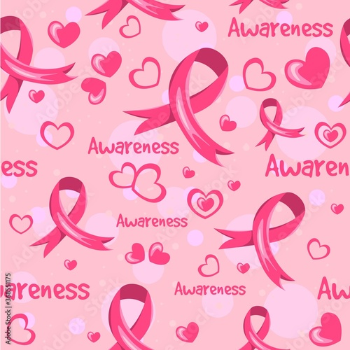 Ribbons and hearts vector. Breast cancer seamless pattern. Repetitive pink background about medical issues.