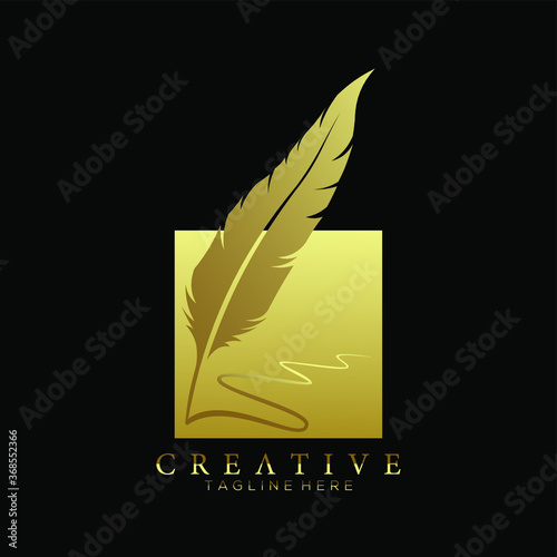 feather pen logo gold with square gold vector design template