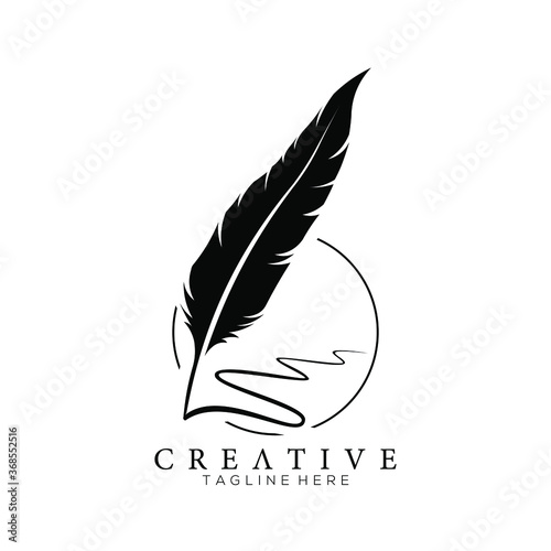 feather pen logo silhouette with circle line vector design template