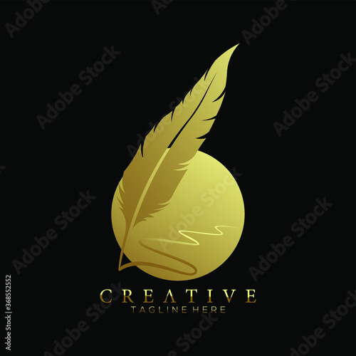 feather pen logo gold with circle gold vector design template