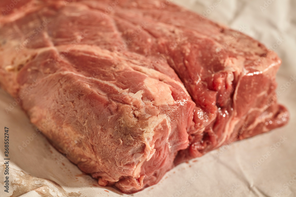 A raw, fresh chuck roast of beef from an artisan butcher in central Pennsylvania, USA. This is sometimes called 