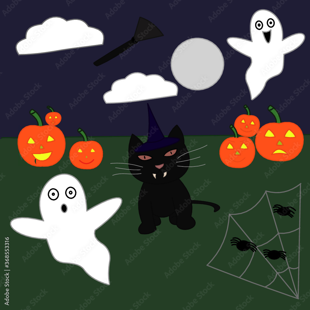 Halloween Drawing of a cat, pumpkins, ghosts, and spiders color