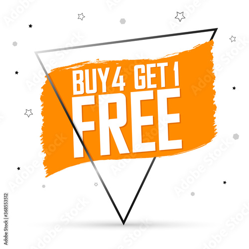 Buy 4 Get 1 Free, sale banner design template, discount tag, grunge brush, vector illustration