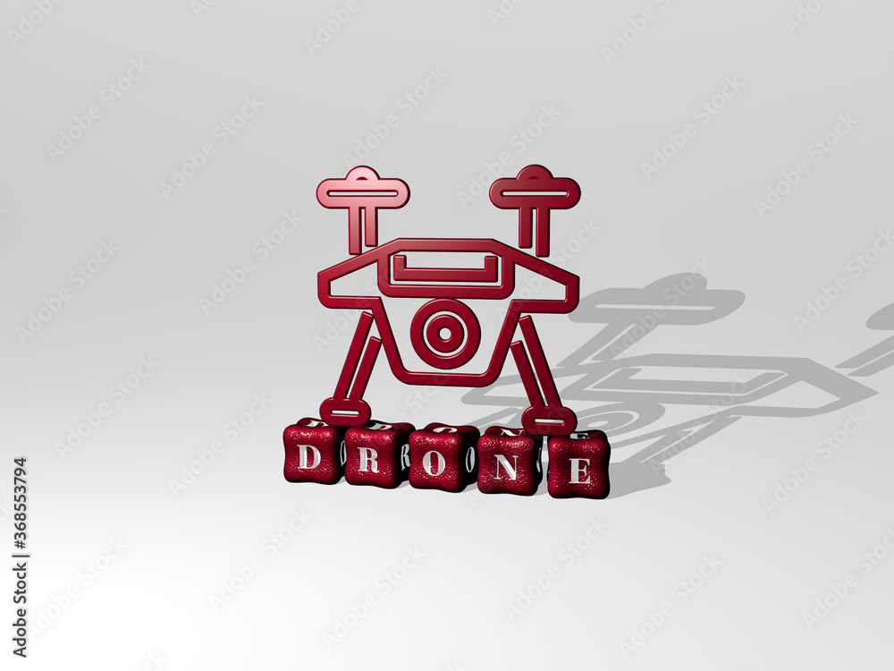 3D representation of drone with icon on the wall and text arranged by metallic cubic letters on a mirror floor for concept meaning and slideshow presentation. aerial and view 3D representation of drone with icon on the wall and text arranged by metallic cubic letters on a mirror floor for concept meaning and slideshow presentation. aerial and view