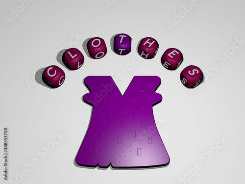 3D representation of clothes with icon on the wall and text arranged by metallic cubic letters on a mirror floor for concept meaning and slideshow presentation. background and illustration photo