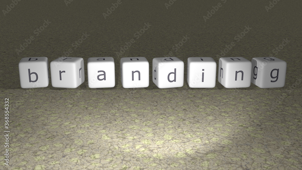 alphabetic BRANDING arranged by cubic letters on a mirror floor, concept meaning and presentation in 3D perspective. illustration and design alphabetic BRANDING arranged by cubic letters on a mirror floor, concept meaning and presentation in 3D perspective. illustration and design