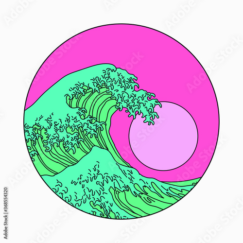 Great Wave off Kanagawa in Vaporwave Pop Art style. View on the ocean's crest leap.