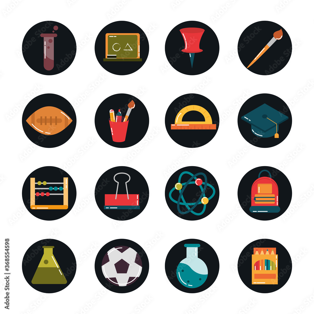 school education supply class stationery block and flat style icon s set school education supply class stationery block and flat style icon s set