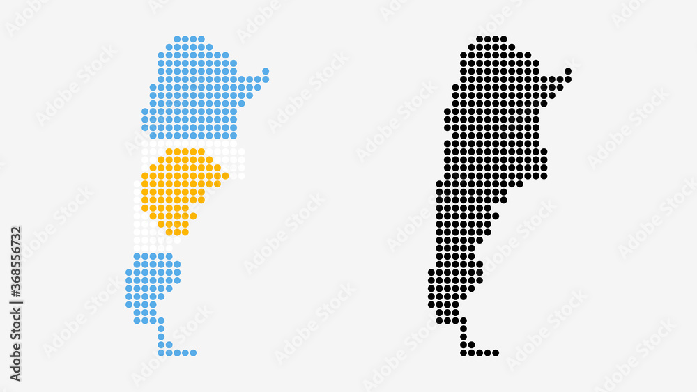 Map of Argentina, in dotted style. One version includes the flag, the other is simply black. Vector Graphic.	