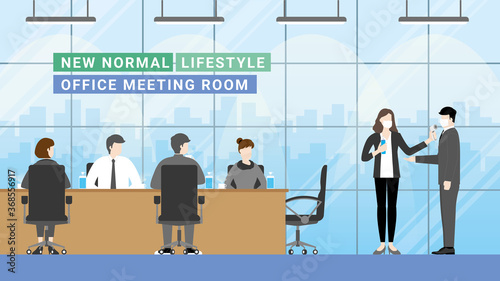 Business meeting lifestyle. New normal is Social distancing, Wearing a mask, Temperature checkpoint, and Hand sanitizing. 