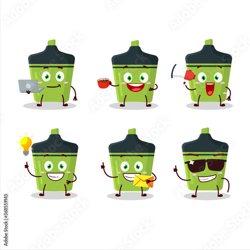 Green highlighter cartoon character with various types of business emoticons