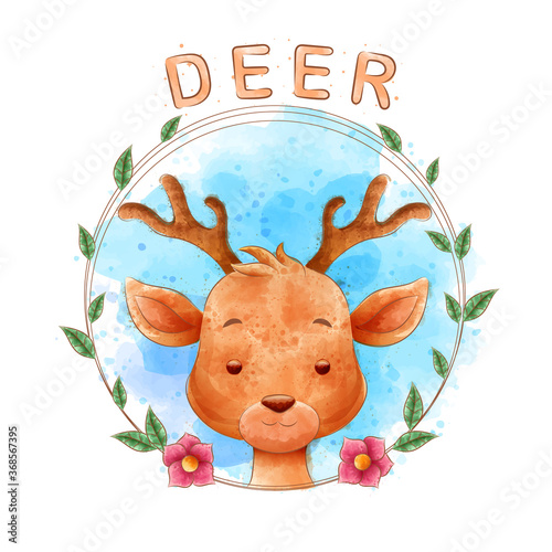 Deer cartoons with flower frames with watercolor backgrounds