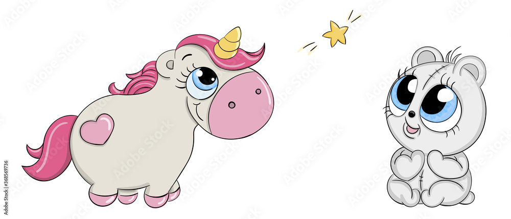 Cute polar bear and Unicorn looks at the little star. Cartoon hand drawn. Can be used for kids or babies t shirt design. Fashion print graphic for Greeting cards, posters, prints.