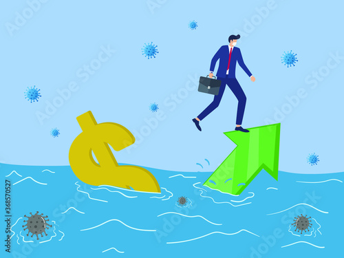 
the businessman stands on the green arrow and the dollar sign sinks. economic after coronavirus vector illustration