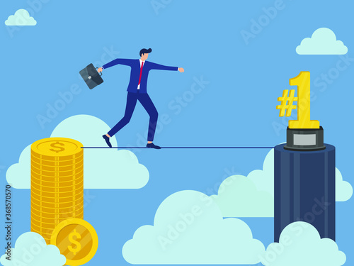 Businessman takes a rope walk from money to podium number one vector illustration. business concept