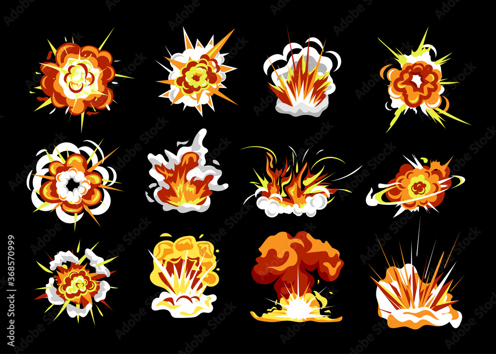Bomb explosion set. Isolated cartoon explosion fire flame with smoke cloud flat icon collection. Bomb burst energy. Comic boom effect vector illustration
