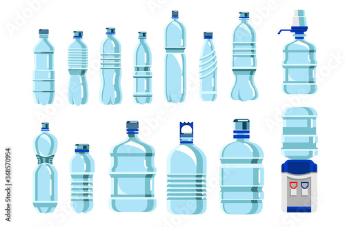 Plastic water bottles set. Isolated blank blue plastic beverage container mockup icon collection. Clean mineral water drink bottles design, cooler and pump vector illustration