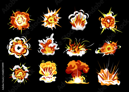 Bomb explosion set. Isolated cartoon explosion fire flame with smoke cloud flat icon collection. Bomb burst energy. Comic boom effect vector illustration