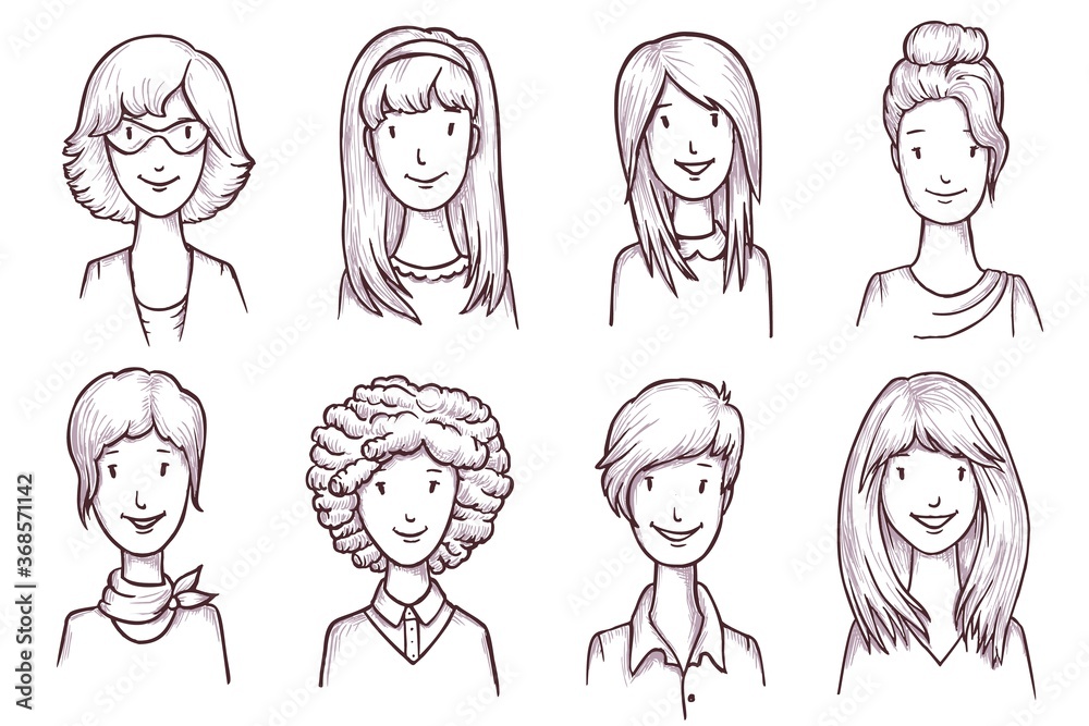 Woman sketch avatar. Fashion woman with different hairstyle sketch portrait. Vector female face icon. Beautiful girl set isolated on white background. Hand drawn doodle avatar bundle illustration Woman sketch avatar. Fashion woman with different hairstyle sketch portrait. Vector female face icon. Beautiful girl set isolated on white background. Hand drawn doodle avatar bundle illustration