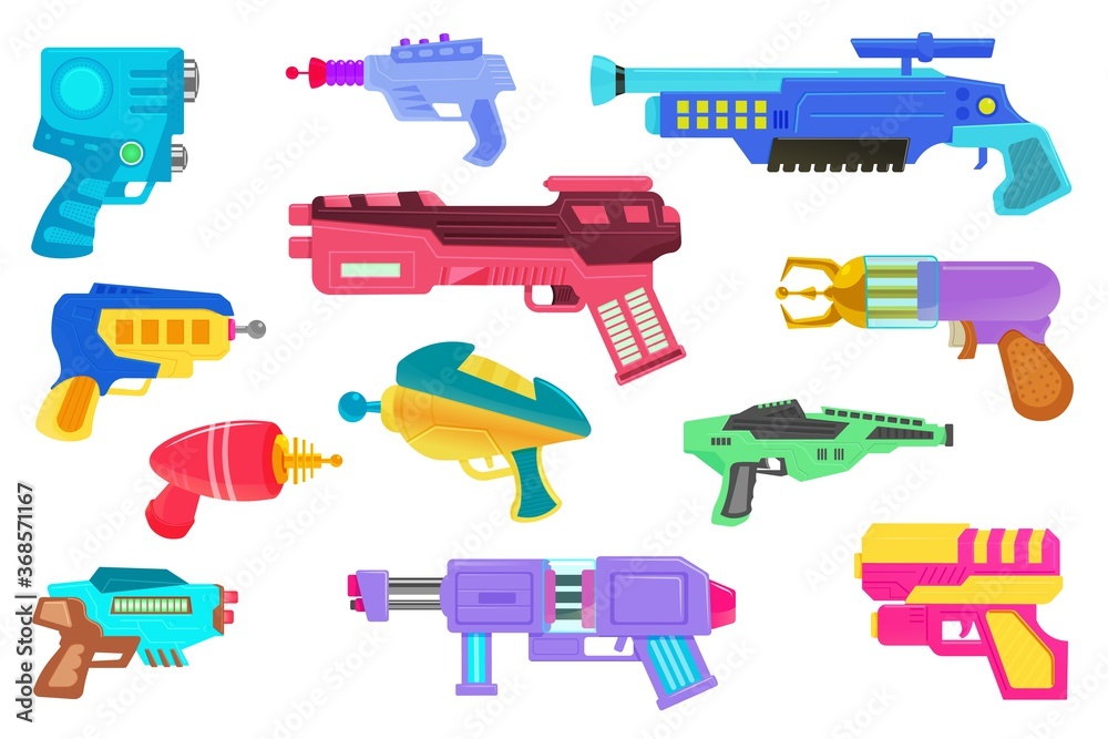 Blaster icon. Futuristic space game design weapon. Laser handgun or blaster gun icon set isolated on white background. Cosmic army raygun equipment. Virtual reality shooting device vector collection Blaster icon. Futuristic space game design weapon. Laser handgun or blaster gun icon set isolated on white background. Cosmic army raygun equipment. Virtual reality shooting device vector collection