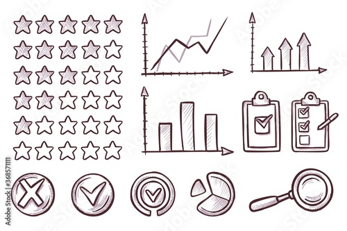 Business rating icon. Ranking star, investment check-list plan strategy, percentage arrow graph and diagram, loupe, round check mark illustration. Vector sketch rating set isolated on white background